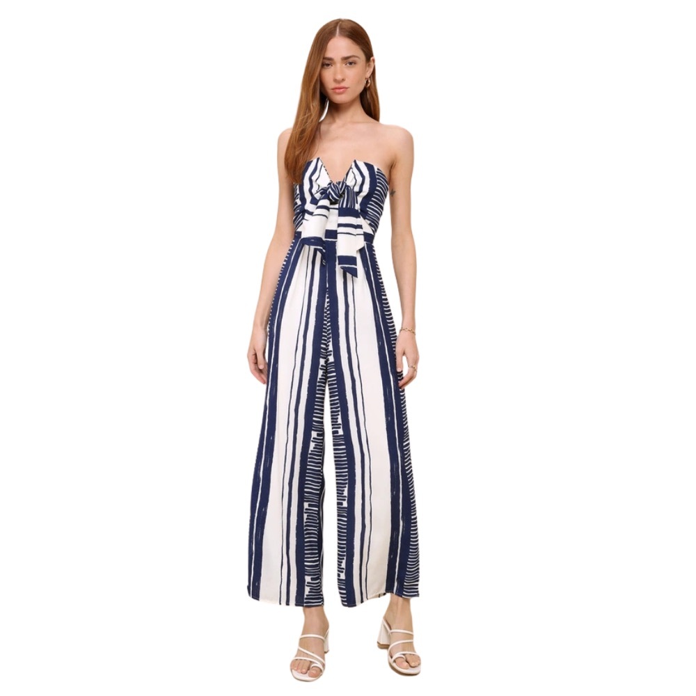 NWT Lulu’s Strapless Navy White Striped Wide Leg Jumpsuit Bow Front Summer